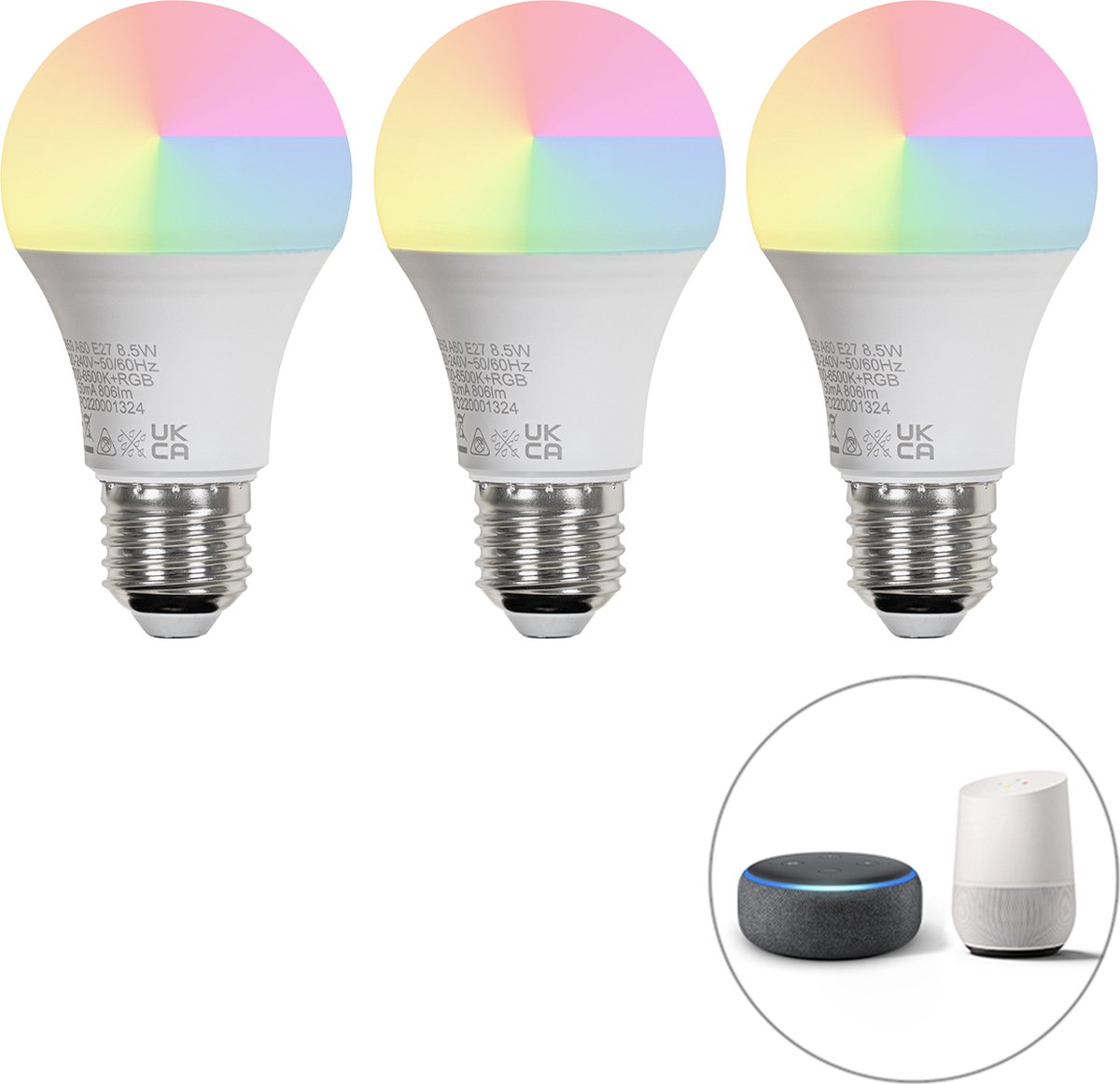 LUEDD Set van 3 smart E27 LED lampen A60 mat RGBW 8,5W 806 lm 2700K