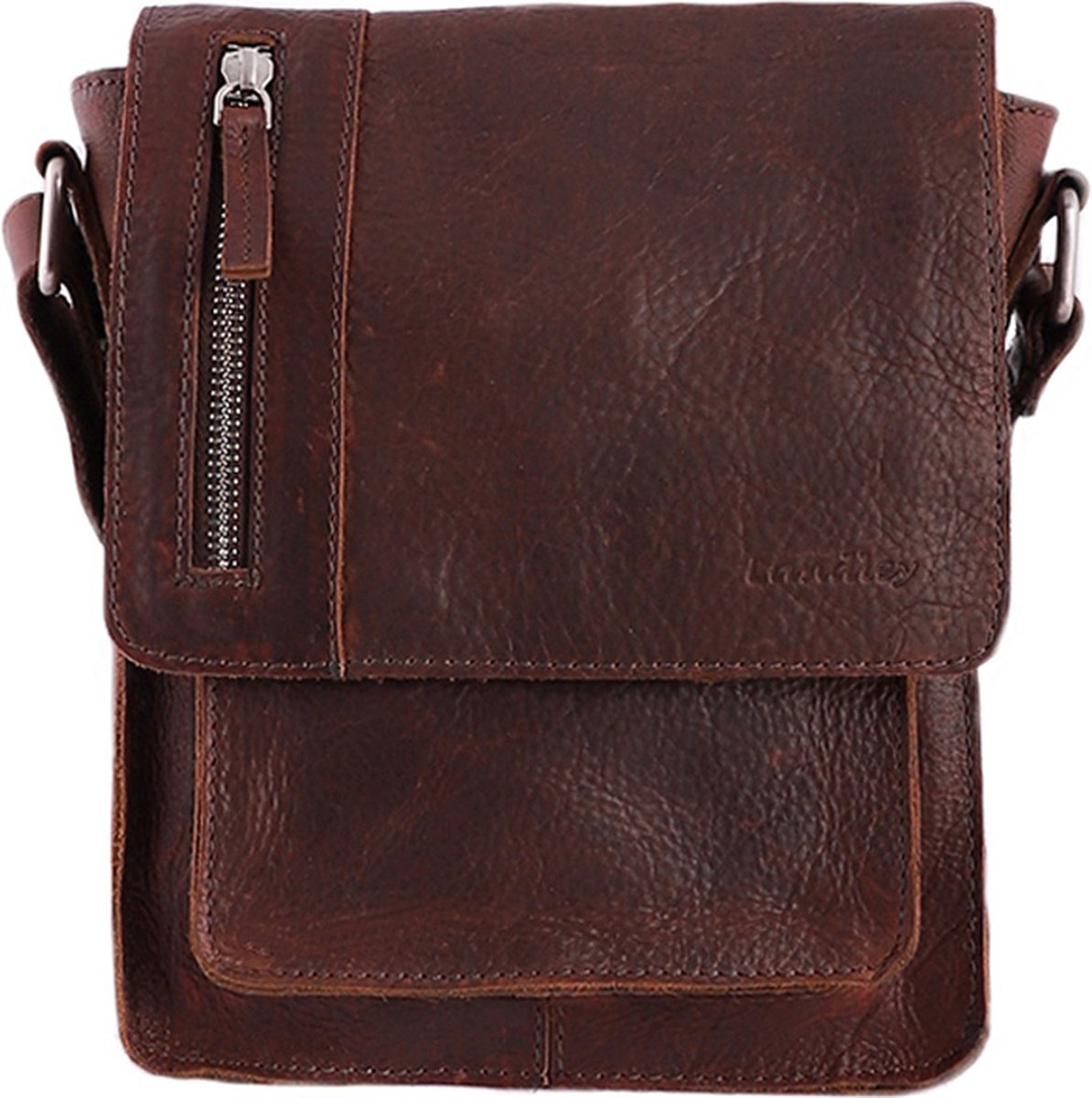 Landley Leren Schoudertasje met sluitflap - Dames en Heren - Antique Vintage Pull-up Leer - Donker Cognac / Bruin