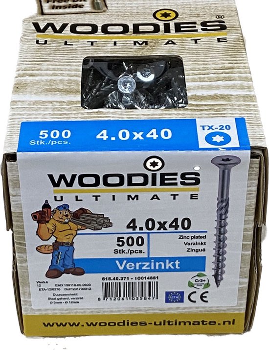 Woodies Ultimate spaanplaatschroef 4x40mm - platkop - verzinkt - deeldraad - T20 - 61540371 (Per 500 stuks) - Woodies