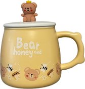 Tasse à Café et Thee avec couvercle en céramique et cuillère - Tasse à boire imprimée avec ours - Ours de dessin animé dimensionnel jaune