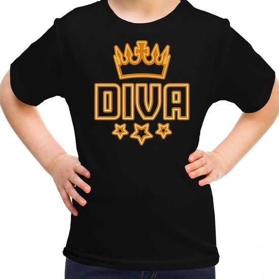 Bellatio Decorations koningsdag t-shirt - diva - voor meisjes - zwart met oranje 146/152