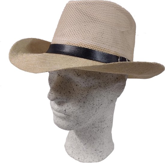 Chapeau de vacances pour homme Beige avec boucle en cuir - Taille 58 - Chapeau de cowboy d'été