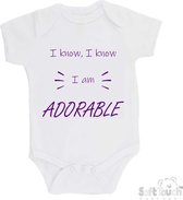 Barboteuse 100% coton "Je sais, je sais que je suis ADORABLE" Filles Katoen Wit/violet Taille 68
