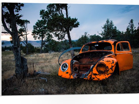 PVC Schuimplaat- Kapotte Oranje Auto in landschap - 75x50 cm Foto op PVC Schuimplaat
