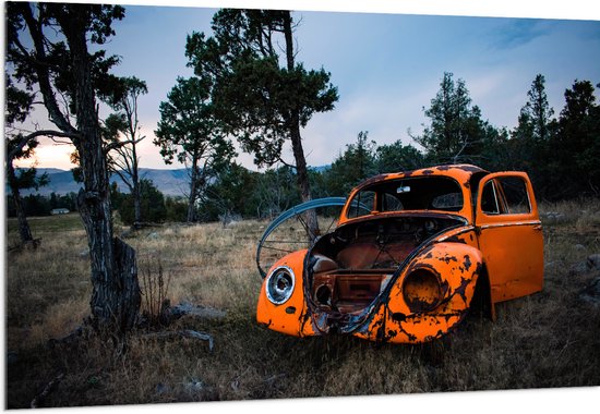 Acrylglas - Kapotte Oranje Auto in landschap - 150x100 cm Foto op Acrylglas (Wanddecoratie op Acrylaat)