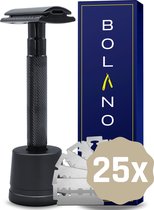 Bolano® Safety Razor Zwart Metallic + Houder + 25 RVS Scheermesjes Double Edge - Klassiek Scheermes voor Mannen en Vrouwen - Duurzaam Scheren - Zero Waste - RVS Aluminium en Zinklegering