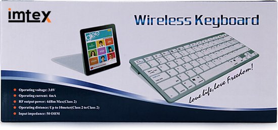 Verpakking van een draadloos toetsenbord met op de voorkant een afbeelding van het toetsenbord, een tablet met het 'glee' logo, en productinformatie.