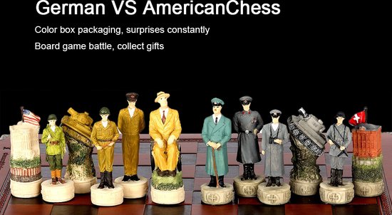 Thumbnail van een extra afbeelding van het spel Luxe Schaakset met Lederen Reliëf Schaakbord - Thema Tweede Wereld Oorlog - Duitsland vs Amerika - 32 Stukken Gemaakt van Hoogwaardige Kwaliteit Resin - Draagbaar - Geschikt voor Reizen - Zeldzaam