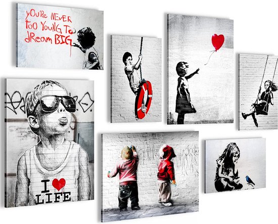 Banksy Collage - compleet klaar om op te hangen - Street Art woonkamer kantoor - 7 moderne sfeerafbeeldingen