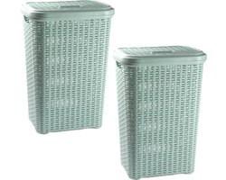 PlasticForte Wasmand met deksel - 2x stuks - 60 liter - lichtgroen - rotan - kunststof - L35 x B43 x H62 cm