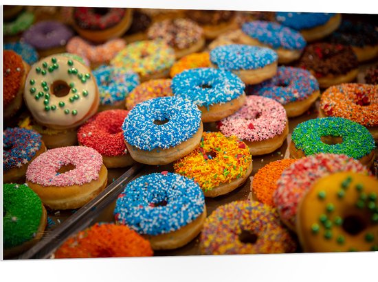 PVC Schuimplaat- Rij Verse Donuts met Verschillende Kleuren Sprinkles - 105x70 cm Foto op PVC Schuimplaat