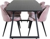 IncaBLBL eethoek eetkamertafel uitschuifbare tafel lengte cm 160 / 200 zwart en 4 Velvet eetkamerstal velours roze, zwart.