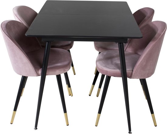SilarBLExt eethoek eetkamertafel uitschuifbare tafel lengte cm 120 / 160 zwart en 4 Velvet eetkamerstal velours roze, zwart, messing decor.
