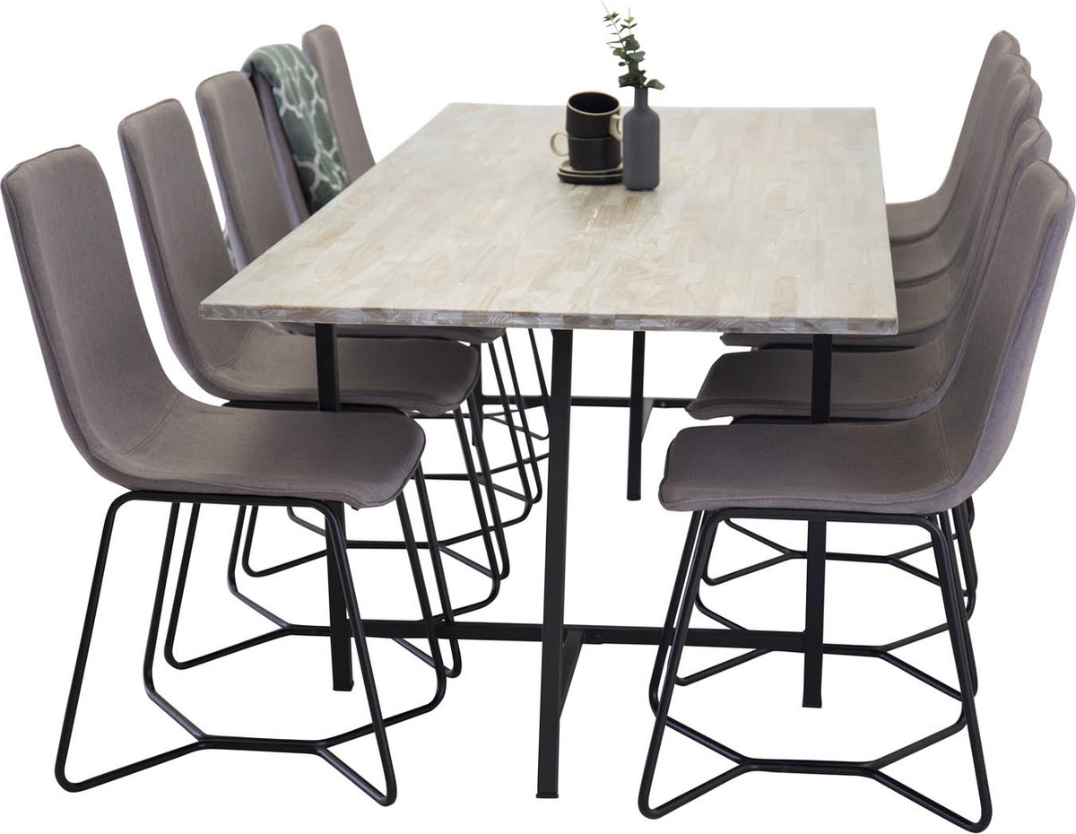 Jepara eethoek eetkamertafel teakhout en 10 Xchair eetkamerstal grijs