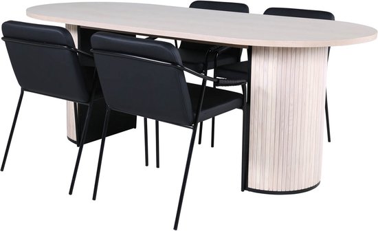 BiancaWW eethoek eetkamertafel eik fineer wit washed en 4 Tvist eetkamerstal PU kunstleer zwart.