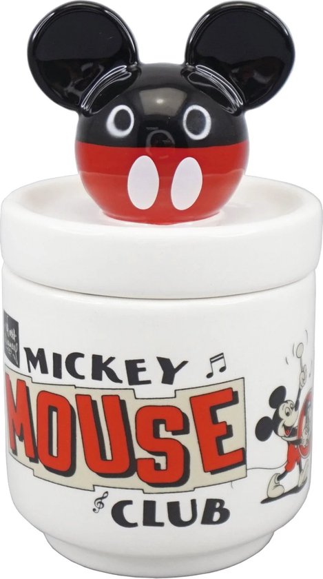 Pot blanc avec inscription Mickey Mouse Club et tête de Mickey Mouse comme couvercle.
