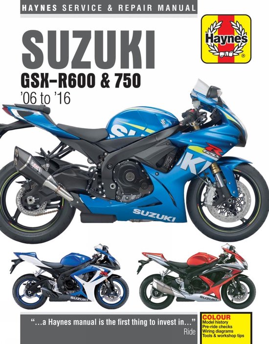 Suzuki GSX-R600 & 750 '06-'16 Haynes Service & Repair Manual met een blauwe Suzuki motorfiets op de voorkant. Kleinere afbeeldingen van blauwe en rode Suzuki motorfietsen onderaan.