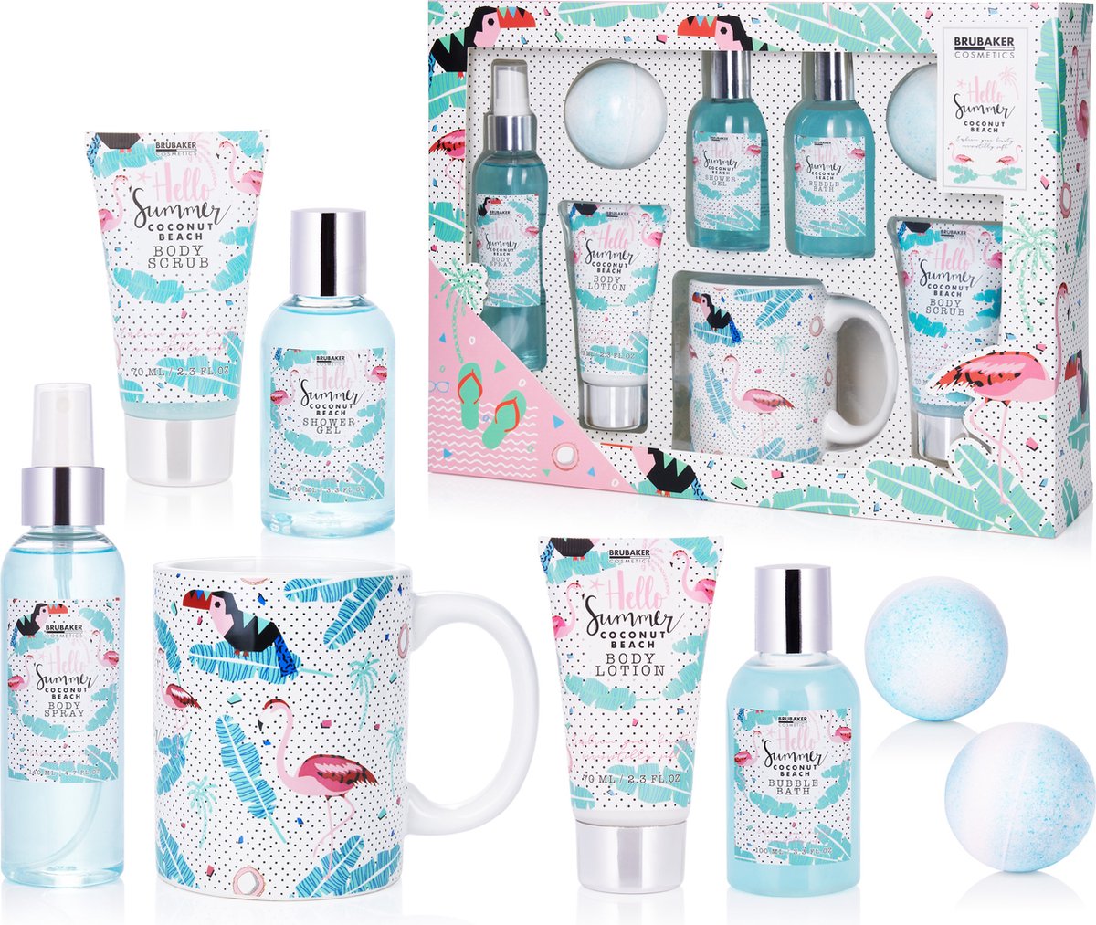Goedkoopste BRUBAKER Beautyset Kokosnootgeur - Cadeautip Vrouw - Cadeau Idee - 8 -delige Cadeauset met Keramische Mok - Flamingo-print