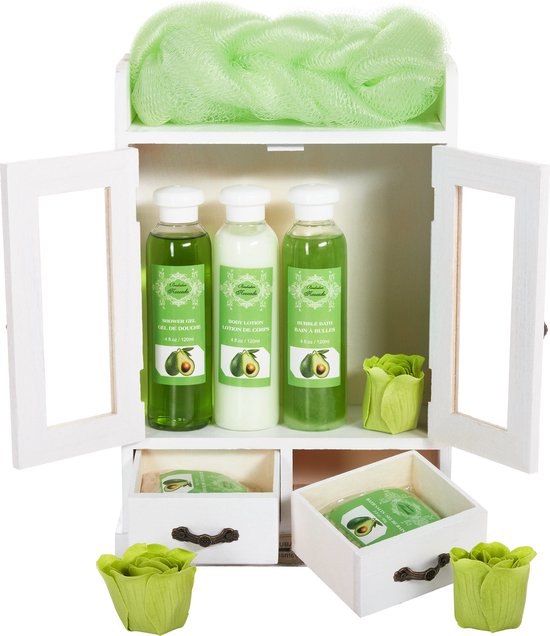 BRUBAKER Cosmetics - 10-delige bad- en verzorgingsset - Avocado - in vintage houten kastje wit - Cadeautip Vrouw - Cadeau Idee - Cadeau - Bodylotion - Douchegel - Moederdag Cadeautje