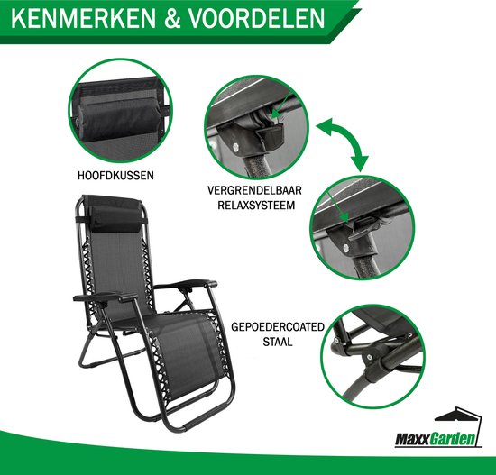 MaxxGarden Opvouwbare Tuinstoel - 2 Stuks - Ligstoel Tuin - Relaxstoel Verstelbaar - Inklapbaar - Zero Gravity - Zwart van MaxxGarden — afbeelding 4