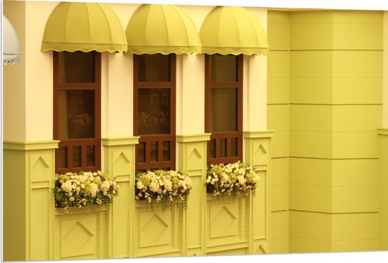 PVC Schuimplaat - Raamkozijnen met Gele Plantenbakken aan Geel Huis - 120x80 cm Foto op PVC Schuimplaat (Met Ophangsysteem)
