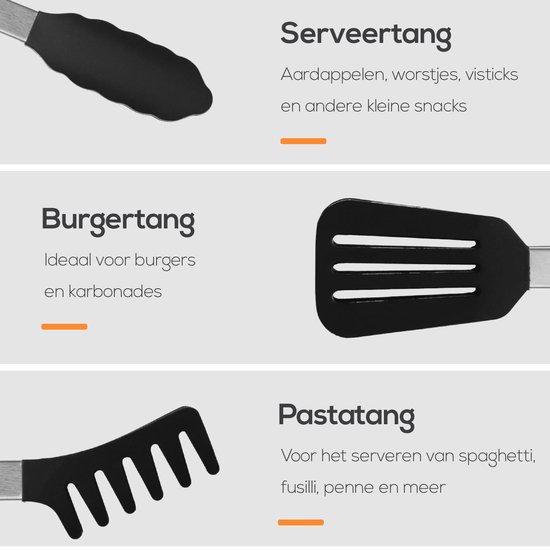 Trois types de pinces de cuisine : une pince de service, une pince à burger et une pince à pâtes. Toutes avec des embouts en silicone noirs.