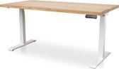 Zit-sta bureau met massief eiken blad 140 x 80 cm - MRC PRO NEN-EN 527 - elektrisch verstelbaar - frame wit - 130 cm hoog - 150KG draagvermogen