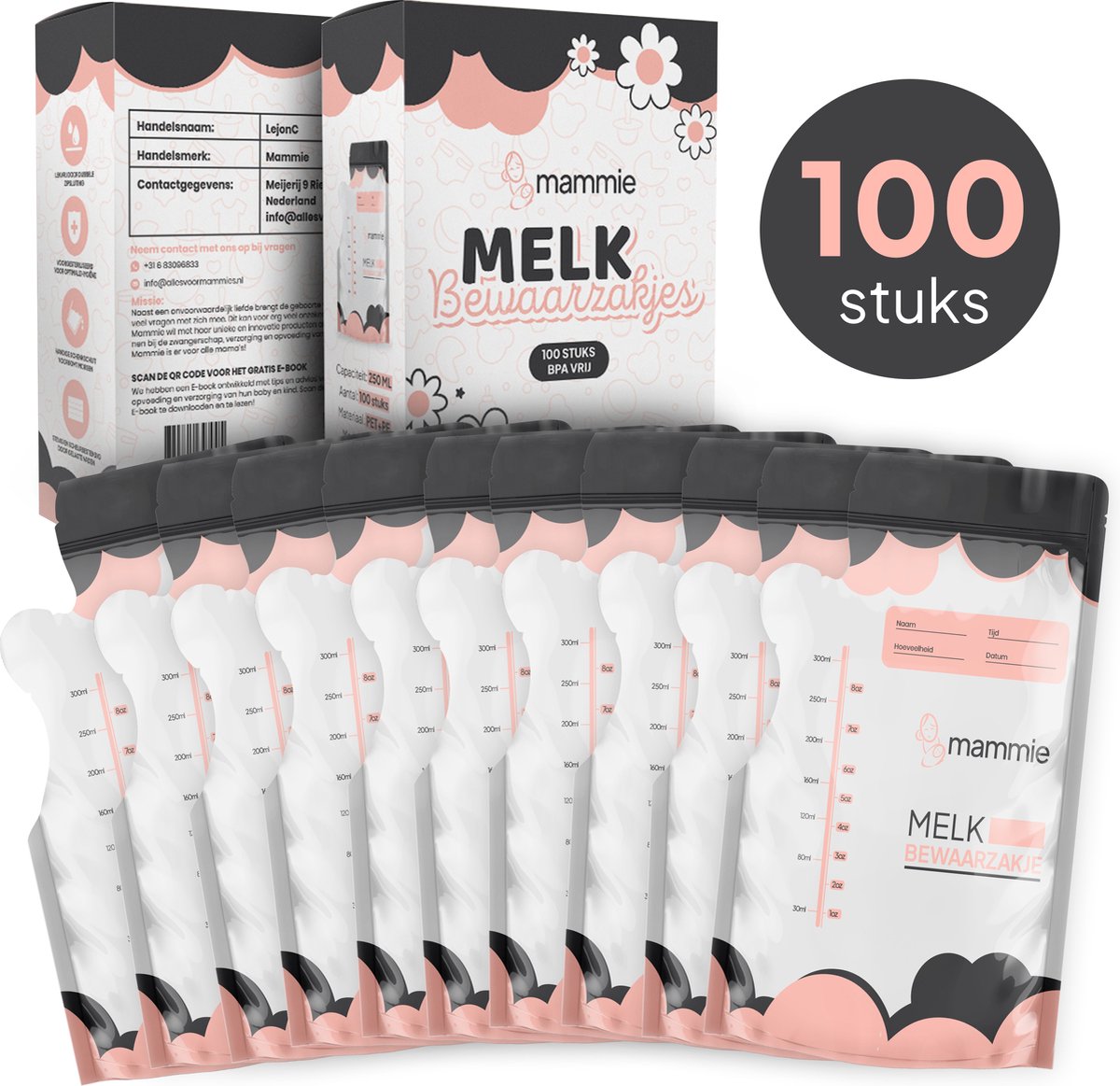 Mammie Moedermelk Bewaarzakjes met Schenktuit - Extra Groot - 300 ML - 100 stuks - Borstvoeding Bewaarzakje - BPA vrij - Mammie