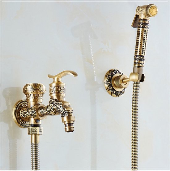 Bidet met Antieke Look - Goud - Messing Kraan - Dubbel Functionele Wc Sproeier - Badkamer - Douche - Toilet - Aan de Muur Bevestigd -