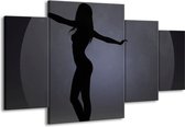 GroepArt - Schilderij -  Vrouw - Zwart, Grijs, Wit - 160x90cm 4Luik - Schilderij Op Canvas - Foto Op Canvas