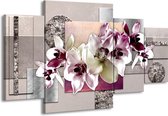 GroepArt - Schilderij -  Orchidee, Bloemen - Paars, Grijs - 160x90cm 4Luik - Schilderij Op Canvas - Foto Op Canvas