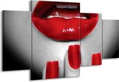 GroepArt - Schilderij -  Lippen, Vrouw - Grijs, Rood - 160x90cm 4Luik - Schilderij Op Canvas - Foto Op Canvas