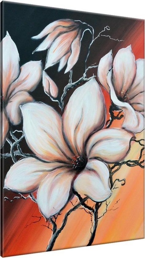 Schilderij - Magnolia - Bruin , Zwart , Oranje - 70x120cm 1Luik - GroepArt - Handgeschilderd Schilderij - Canvas Schilderij - Wanddecoratie - Woonkamer - Slaapkamer - Geschilderd Door Onze Kunstenaars 2000+Collectie Maatwerk Mogelijk