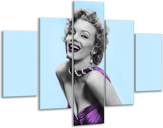 Glasschilderij -  Marilyn Monroe - Blauw, Paars, Grijs - 100x70cm 5Luik - Geen Acrylglas Schilderij - GroepArt 6000+ Glasschilderijen Collectie - Wanddecoratie- Foto Op Glas