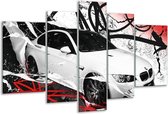 Glasschilderij Auto, BMW - Wit, Rood, Zwart - 170x100cm 5Luik - Foto Op Glas - Geen Acrylglas Schilderij - 6000+ Glasschilderijen Collectie - Wanddecoratie