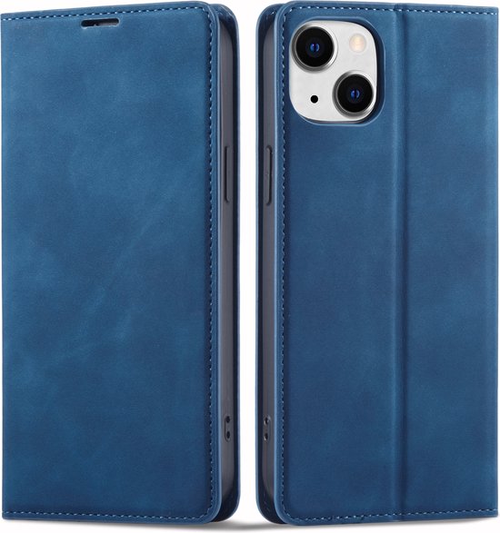 Étui de téléphone bleu, fermé et ouvert.