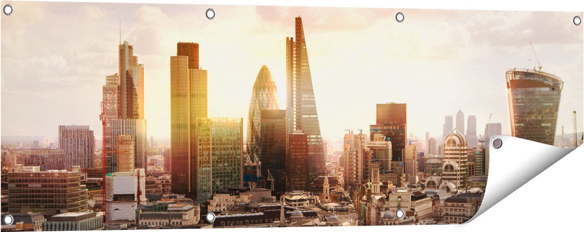 Gards Tuinposter Londen bij Zonsondergang in een Moderne Wijk - 120x40 cm - Tuindoek - Tuindecoratie - Wanddecoratie buiten - Tuinschilderij Multikleur
