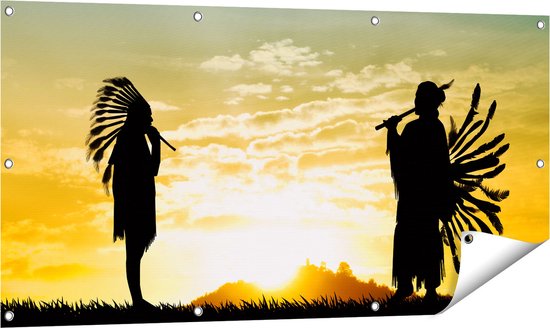 Affiche de jardin du Gards Deux silhouettes d'Indiens au coucher du soleil - 120x60 cm - Toile de jardin - Décoration de jardin - Décoration murale extérieur - Tableau de jardin