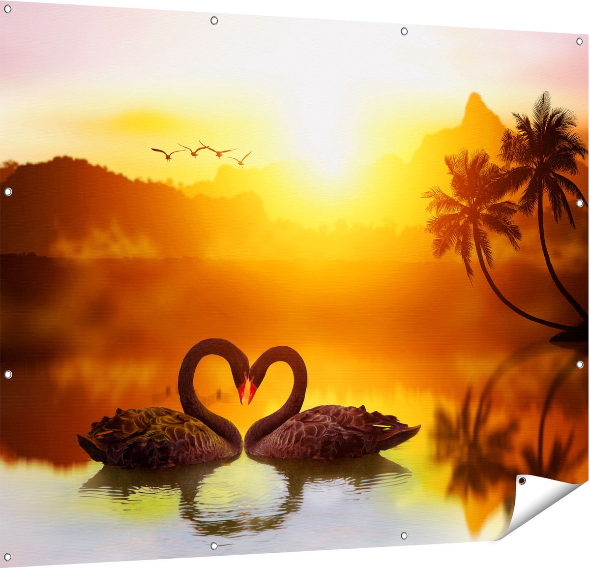 Gards Tuinposter Twee Zwarte Zwanen in een Hart Vorm - 150x120 cm - Tuindoek - Tuindecoratie - Wanddecoratie buiten - Tuinschilderij Multikleur