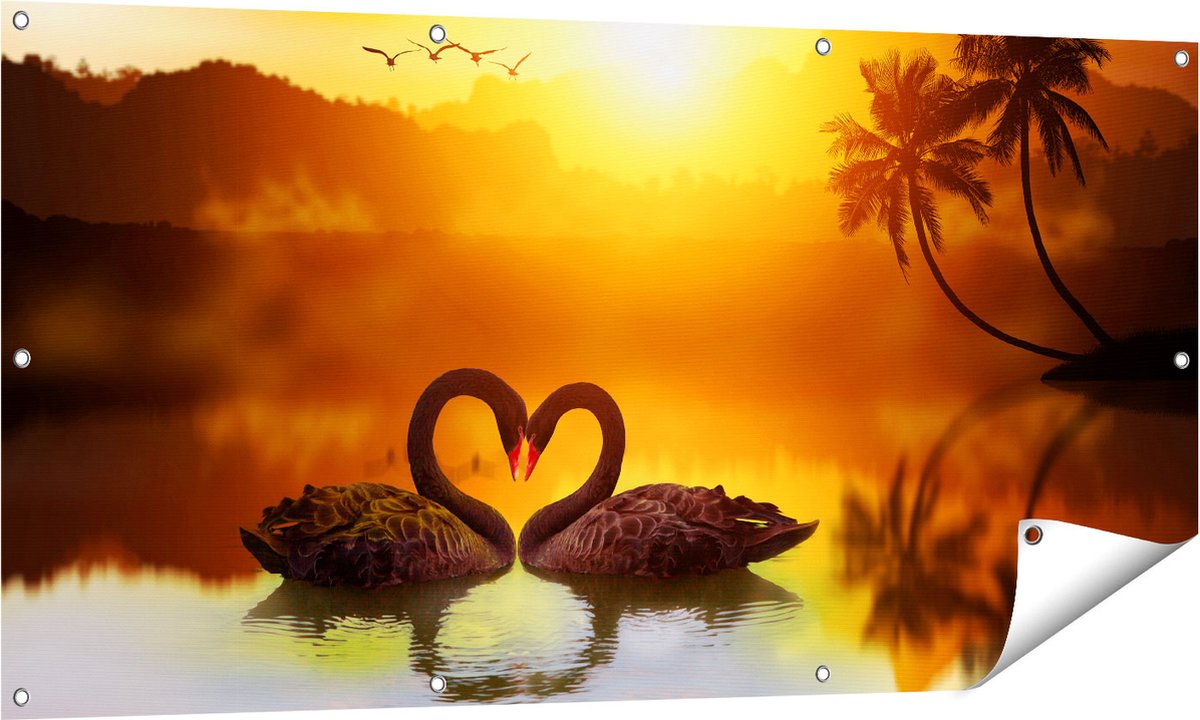 Gards Tuinposter Twee Zwarte Zwanen in een Hart Vorm - 140x70 cm - Tuindoek - Tuindecoratie - Wanddecoratie buiten - Tuinschilderij Multikleur