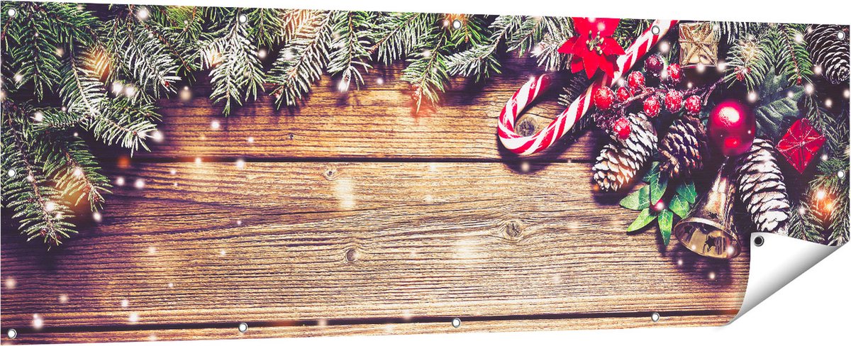 Gards Tuinposter Kerst Sfeer Achtergrond met Dennenbomen - 180x60 cm - Tuindoek - Tuindecoratie - Wanddecoratie buiten - Tuinschilderij Multikleur