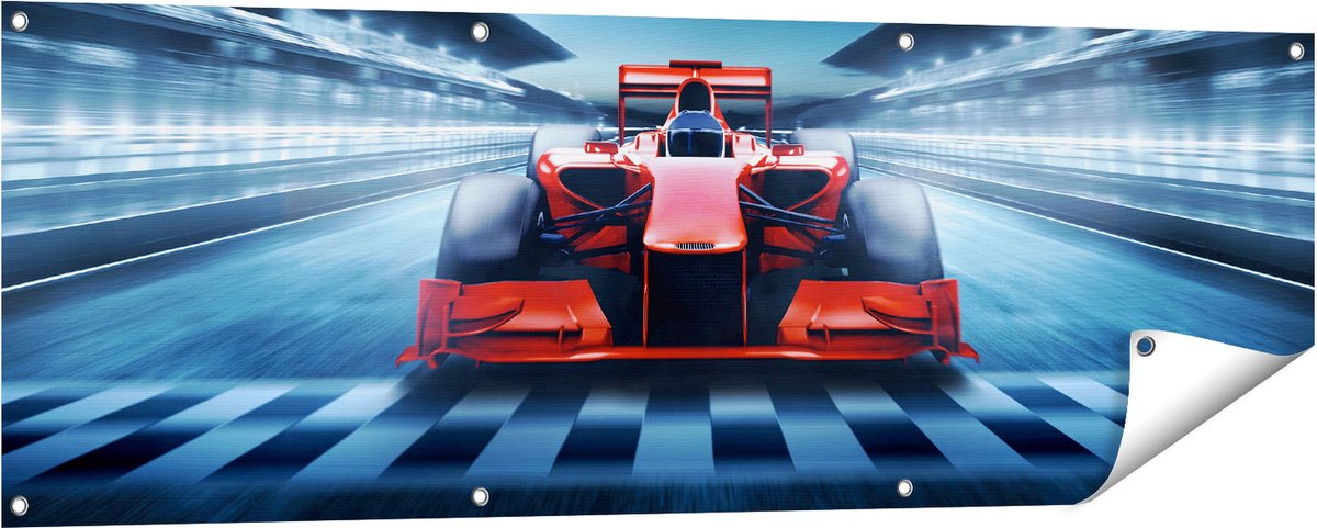 Gards Tuinposter Formule 1 Auto bij de Finish - Rood - 150x50 cm - Tuindoek - Tuindecoratie - Wanddecoratie buiten - Tuinschilderij Multikleur