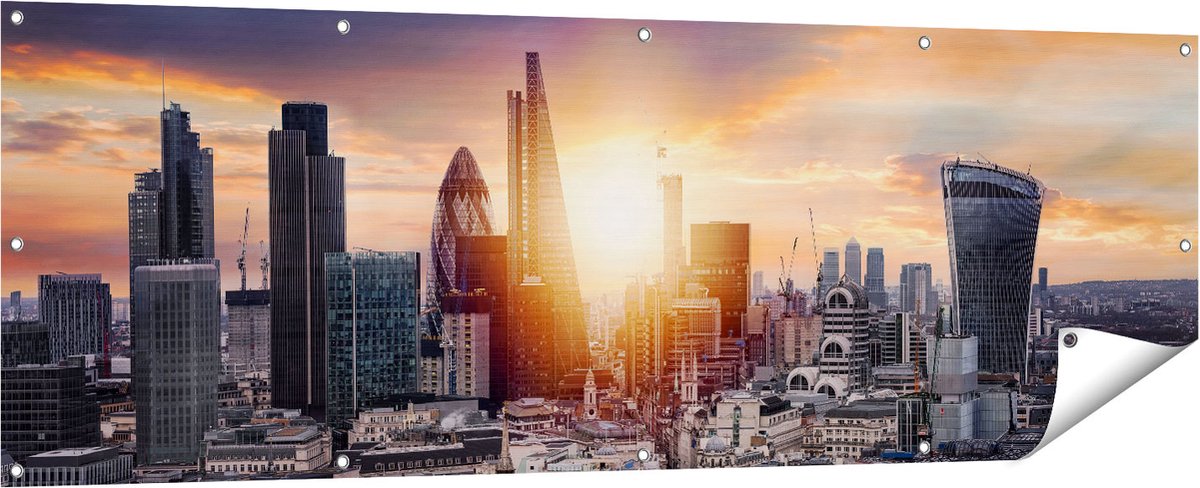 Gards Tuinposter Londen Stad bij Zonsopgang - 180x60 cm - Tuindoek - Tuindecoratie - Wanddecoratie buiten - Tuinschilderij Multikleur