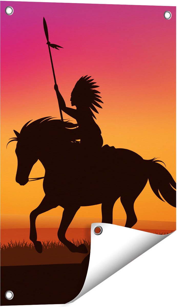 Gards Tuinposter Silhouet van een Indiaan op een Paard - 40x60 cm - Tuindoek - Tuindecoratie - Wanddecoratie buiten - Tuinschilderij Multikleur