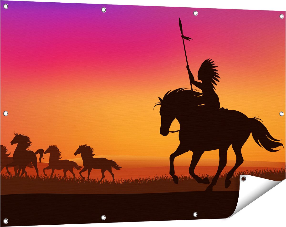 Gards Tuinposter Silhouet van een Indiaan op een Paard - 120x80 cm - Tuindoek - Tuindecoratie - Wanddecoratie buiten - Tuinschilderij Multikleur