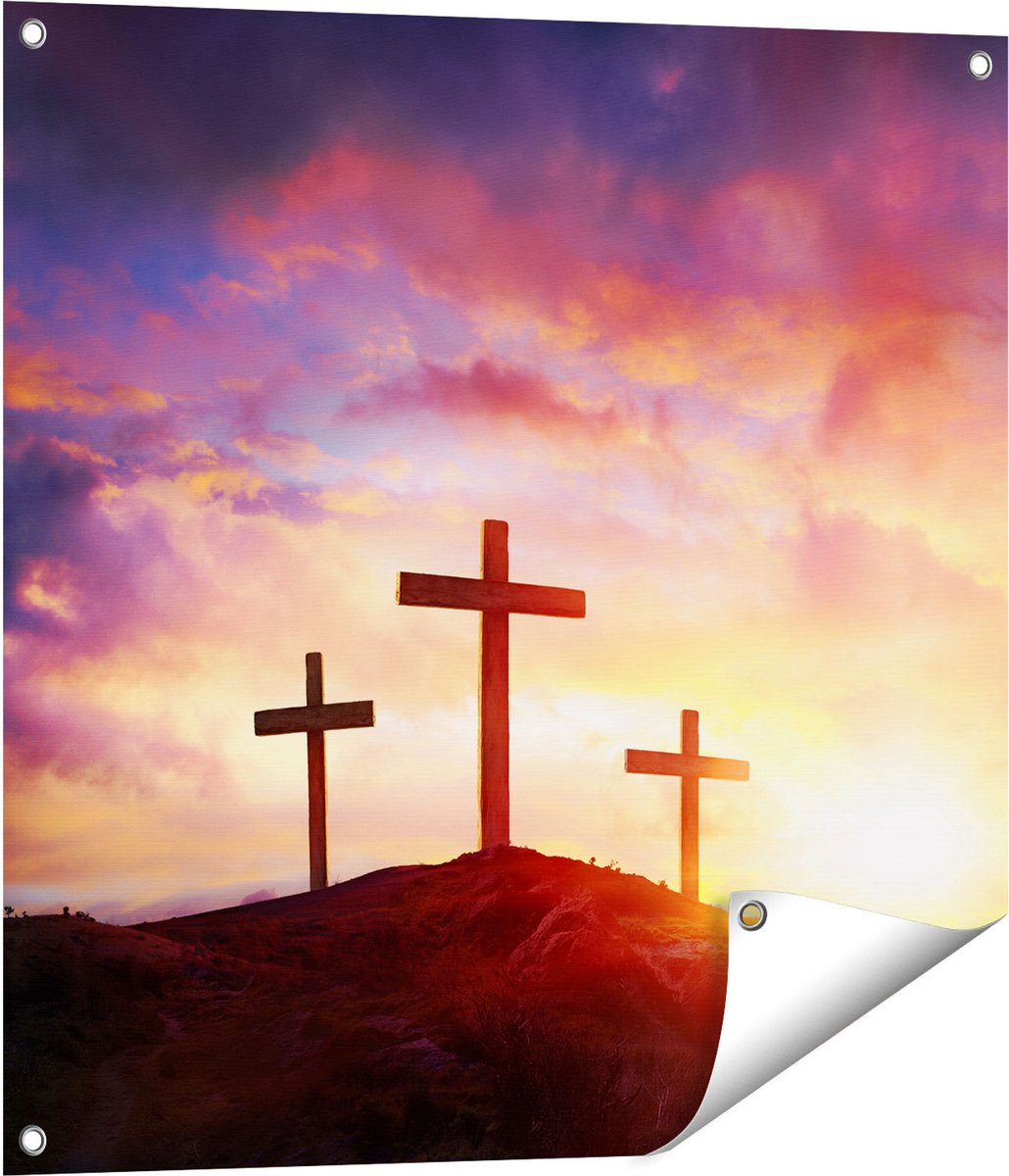 Gards Tuinposter Kruisiging van Jezus Christus - Drie Kruisen - 70x70 cm - Tuindoek - Tuindecoratie - Wanddecoratie buiten - Tuinschilderij Multikleur