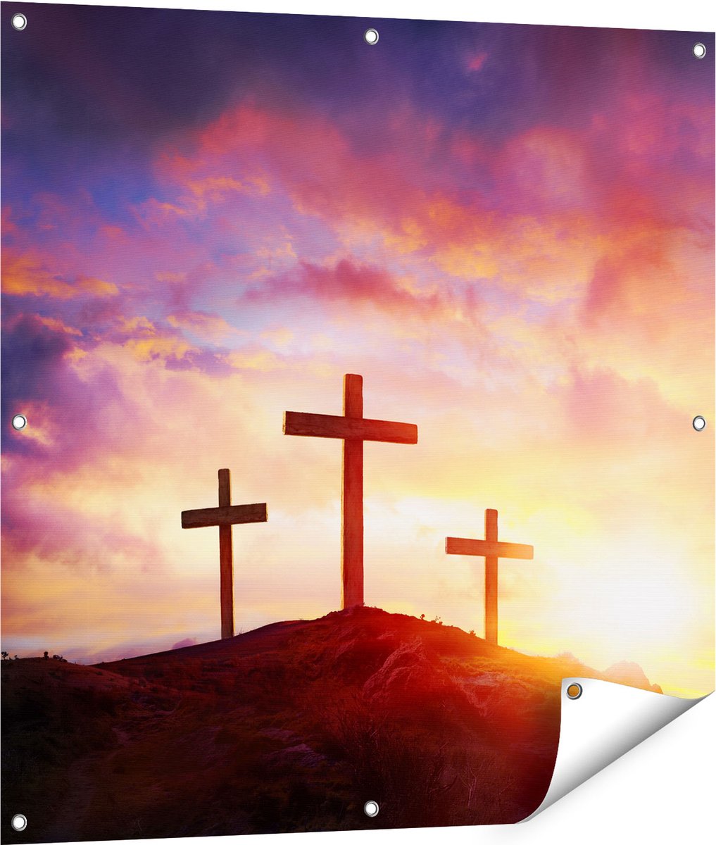 Gards Tuinposter Kruisiging van Jezus Christus - Drie Kruisen - 90x90 cm - Tuindoek - Tuindecoratie - Wanddecoratie buiten - Tuinschilderij Multikleur