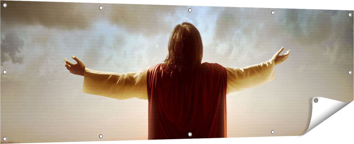 Gards Tuinposter Jezus Christus aan het Bidden bij Zonsopgang - 180x60 cm - Tuindoek - Tuindecoratie - Wanddecoratie buiten - Tuinschilderij Multikleur