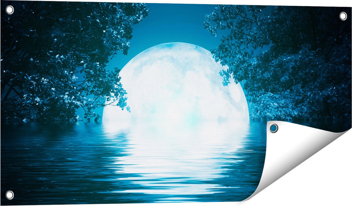 Gards Tuinposter Volle Maan in het Water - 80x40 cm - Tuindoek - Tuindecoratie - Wanddecoratie buiten - Tuinschilderij Multikleur