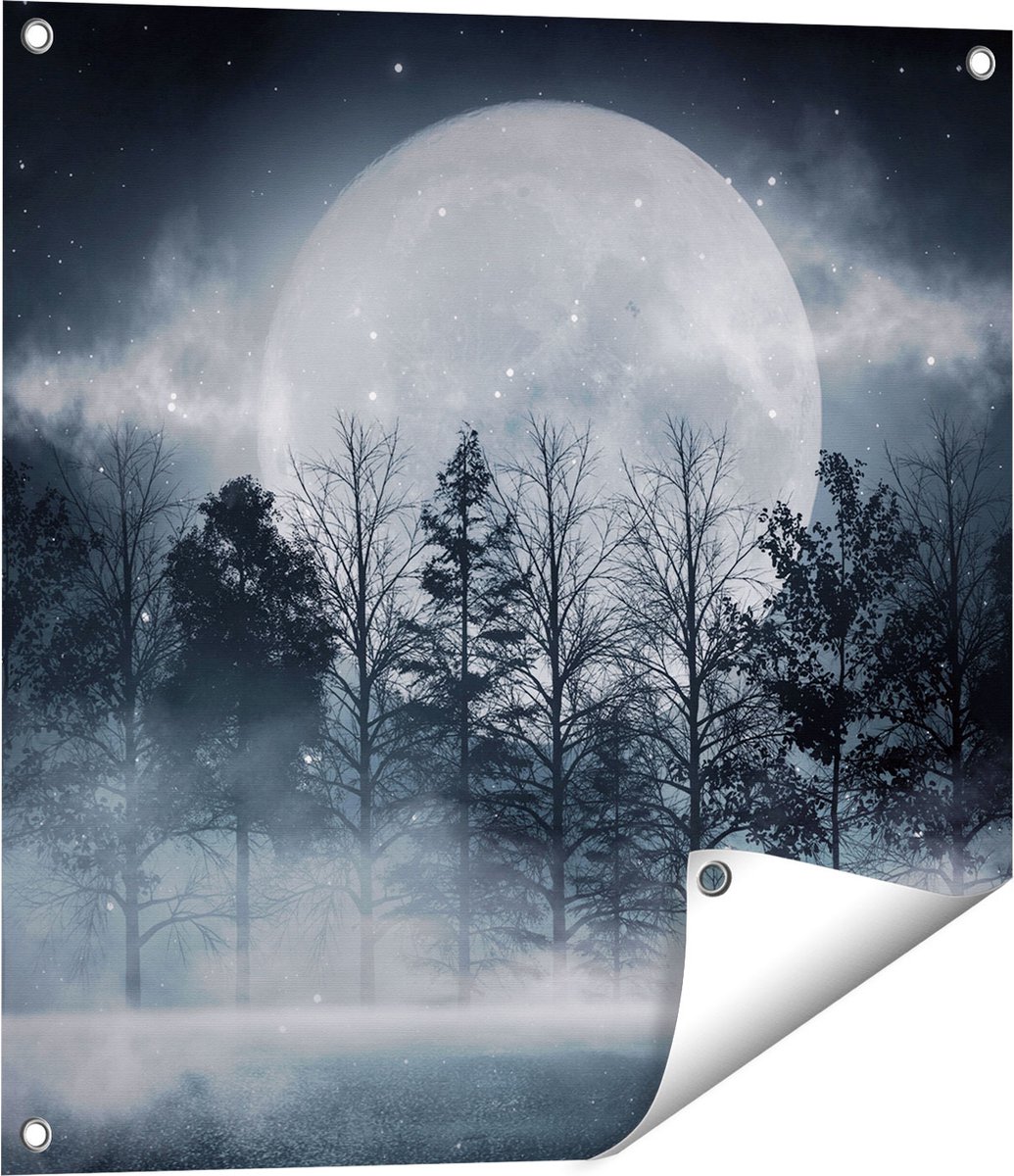 Gards Tuinposter Maan tussen de Bomen in de Nacht - 60x60 cm - Tuindoek - Tuindecoratie - Wanddecoratie buiten - Tuinschilderij Multikleur